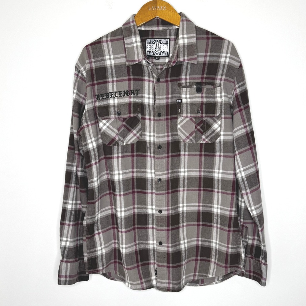Rebel Eight Grey/purple Plaid flannel shirt Mens‎ XL